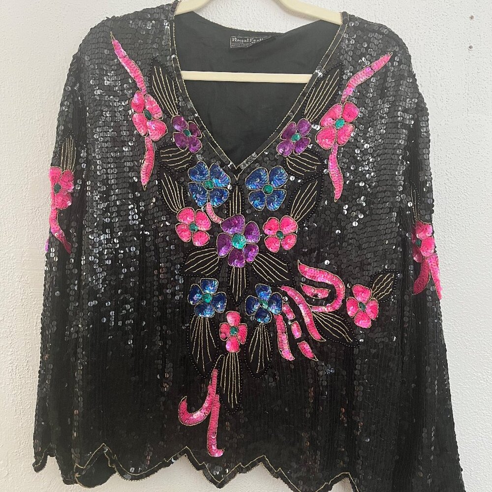 Vintage 80s/90s Sequin Silk Top | Black Floral | XL